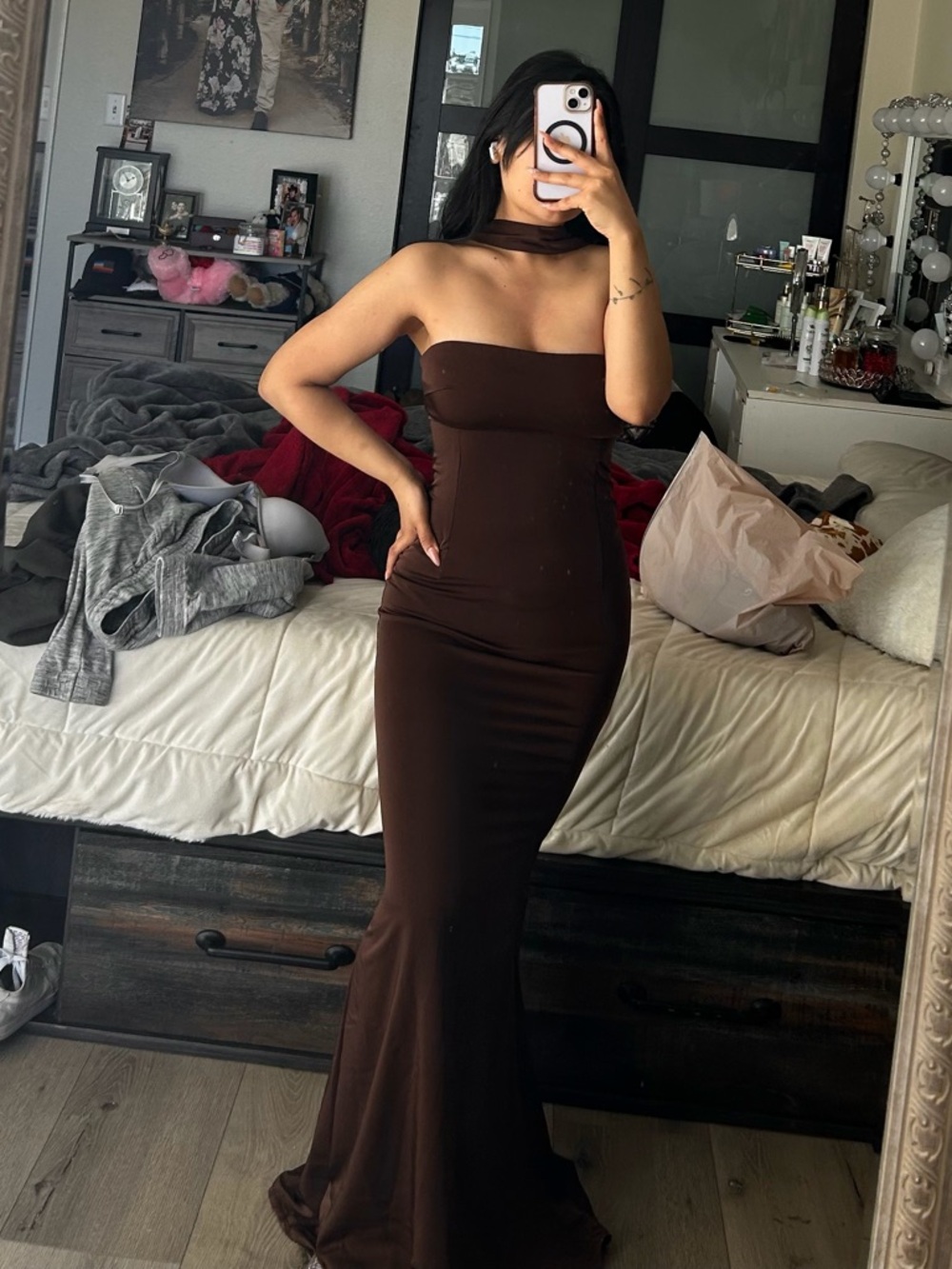 Missguided Strapless Brown Maxi Dress with Neck Scarf - Picture 5 of 6